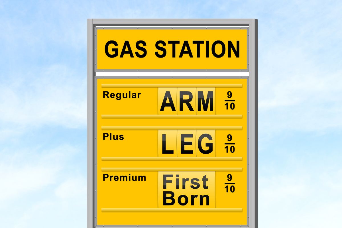 A gas station sign that says regular costs an arm, plus costs a leg and premium costs the first born