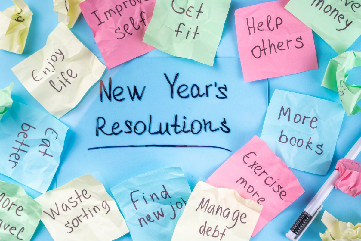 written on blue background with post it notes of resolutions